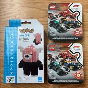 Pokémon Nanoblocks Bewear and Mini Lego F1 - Set Of Three